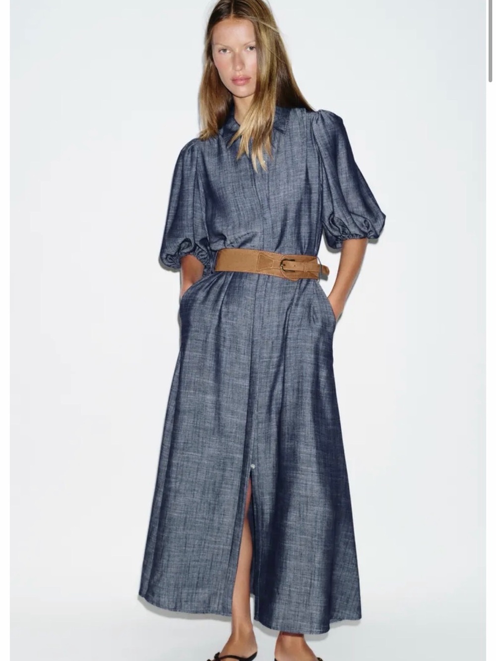 Zara Denim-Effect Maxi Shirt Dress in Blue with Puff Sleeves
